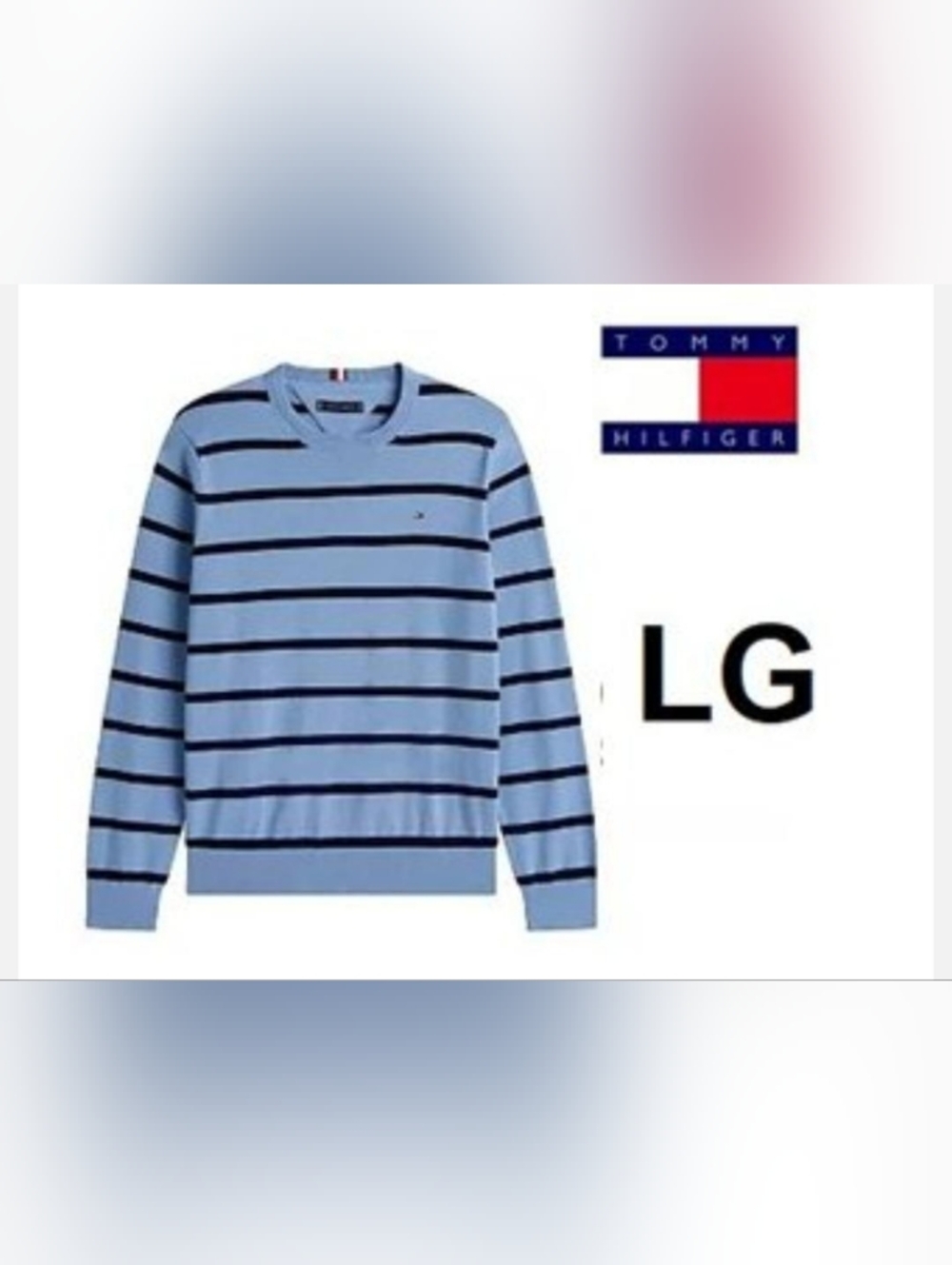Tommy Hilfiger Light Blue Crewneck Sweater with Navy Stripes Size L
